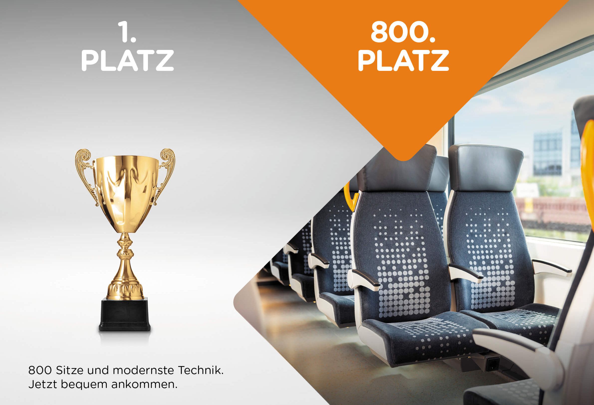 In der Vergleichsgrafik ist links ein goldener Pokal mit dem Titel "1. Platz" zu sehen, rechts daneben sieht man die Sitze des RRX mit dem Text "800. Platz".